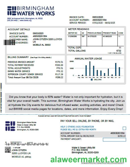 United Kingdom Birmingham Water utility bill template in Word and PDF formats, version 2